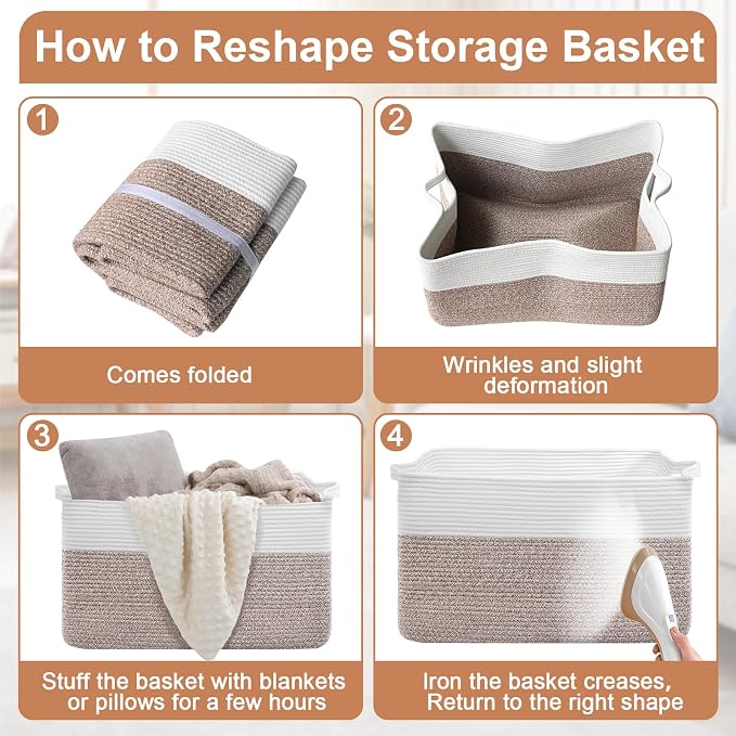 75L Large Blanket Storage Basket with Handles - White & Brown | Extra-large clothes storage bin. Soft cotton, foldable, washable.Holds blankets, pillows for living room, bedroom, dorm.