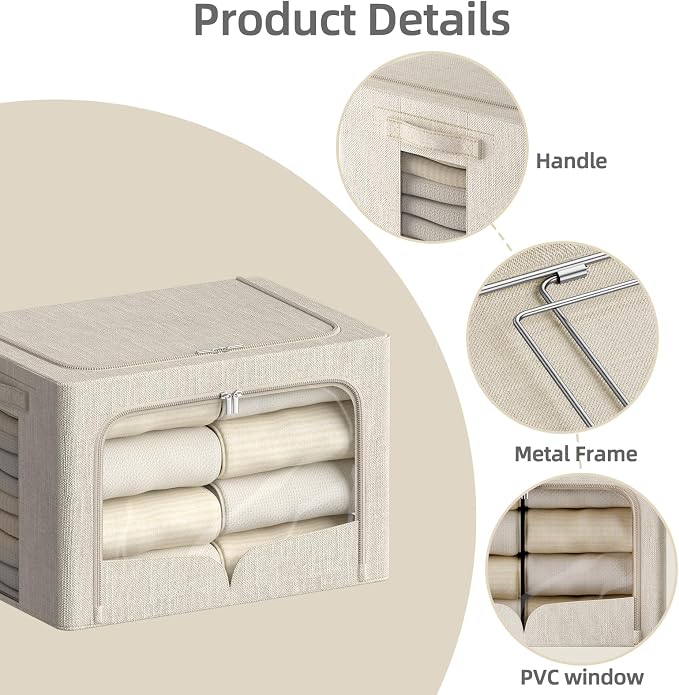 FHSQX 3 Pack Clothes Storage Bins - Foldable Metal Frame Storage Box - Stackable Linen Fabric Container Organizer Set with Carrying Handles and Clear Window (Beige, 16.5x12.2x12.2inch(40L))