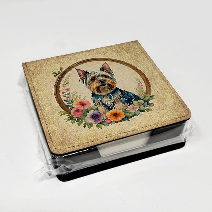 Caroline's Treasures Silky Terrier and Flowers PU Leather Note Paper Holder with Artist-Designed Cover, Desk Accessory, Office Gift