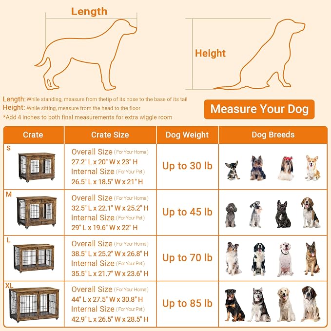 Small Dog Crate Furniture, 27.1'' Heavy Duty Kennel with Cushion & Wheels | Grey, Double Doors, Wooden Dog Cage, Chew-Resistant, End Table, Decorative, 27"/32"/38"/44" Options, Indoor