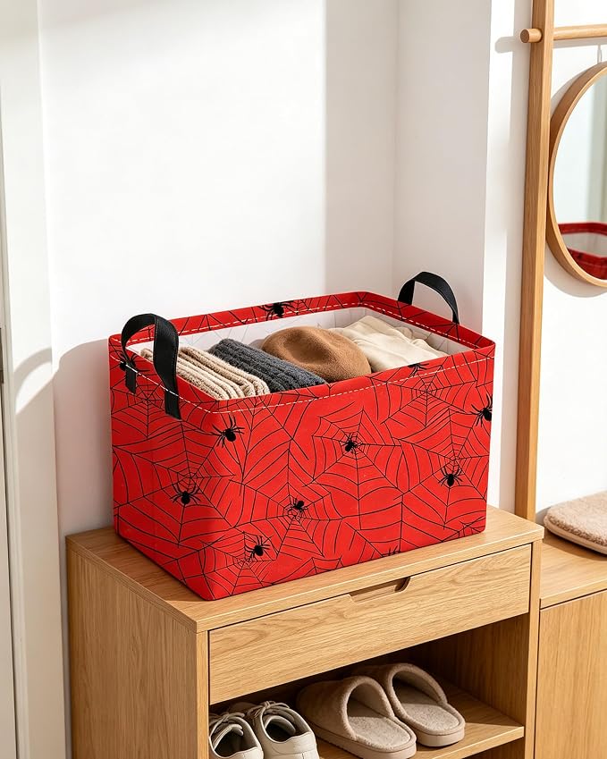 Essme Rectangular Spider Basket,Kids Storage Bins Organizer with Handles for Farm Room Decor, Gift Basket,Shelf Basket.(Red Spider)