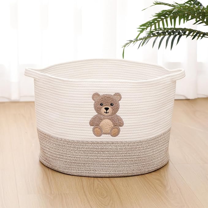 LemonRoad Extra Large Basket 20"x14", Woven Basket for Laundry Blanket Toy Box with Handle Storage, Blanket Storage for Living Room Nursery Pillows Chest(Cotton Rope,Funny Bear,Brown)
