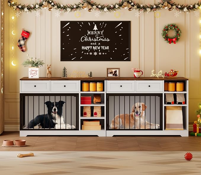 Wooden Dog Crate Furniture, Indoor Dog Kennel TV Stand with Storage, White | 2 Drawers and 4 Open Shelves, Multi-Functional Dog Kennel for Small, Medium and Large Dogs