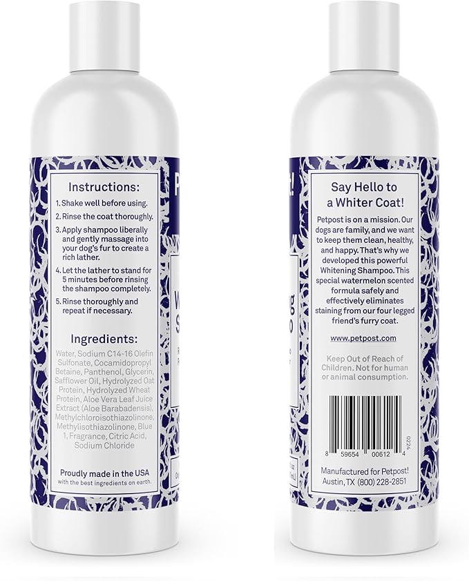 Petpost | Dog Whitening Shampoo with Coconut Oil & Aloe. Brightens White & Light Coats, Moisturizes Skin. Watermelon Scent. 8 oz