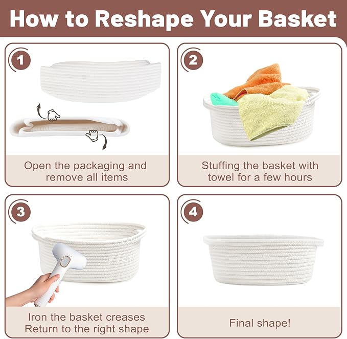Bufims Small Woven Basket Gift For Empty With Ribbons and Bags, Durable Cute Gifts 12"X 8" X 5"Small Rope Basket for Gifting,White