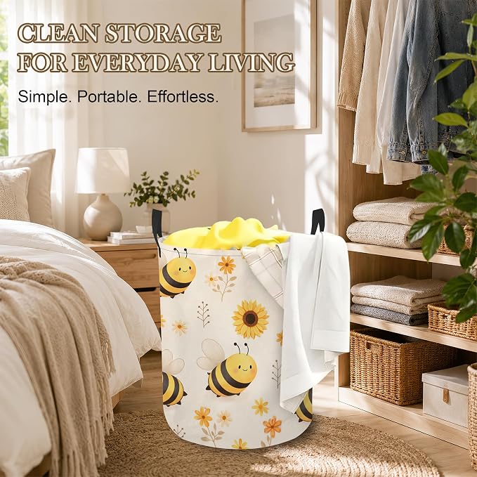 Bumble Bee Laundry Basket Oxford Cloth Sunflower Floral Laundry Hamper With Handle Foldable Portable Clothes Storage Basket Storage Bag For Laundry Room/Bathroom/Bedroom/Dormitory 20.8"x16"