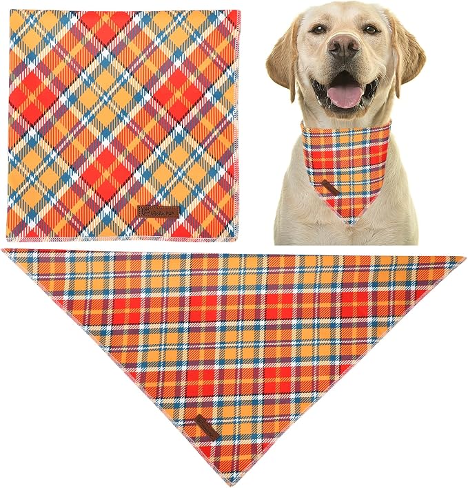 Fall Dog Bandana – Orange Yellow Plaid Triangle Scarf for Small Medium Large Dogs, Soft Cotton Pet Bib for Autumn Thanksgiving, Adjustable Dog Kerchief for Daily Fall Wear