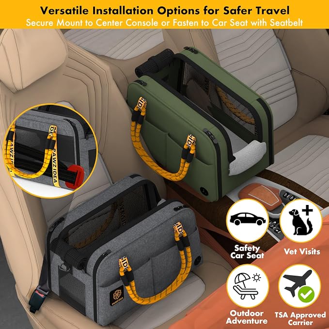 PAWZIDEA Center Console Dog Car Seat, Secure Straps & Anti Slip, Up to 12lb | Enclosed Small Dog Armrest Booster Car Seats, Anti-Collapse Portable Pet Carrier Soft-Sided, Removable Pillow &Storage Pocket