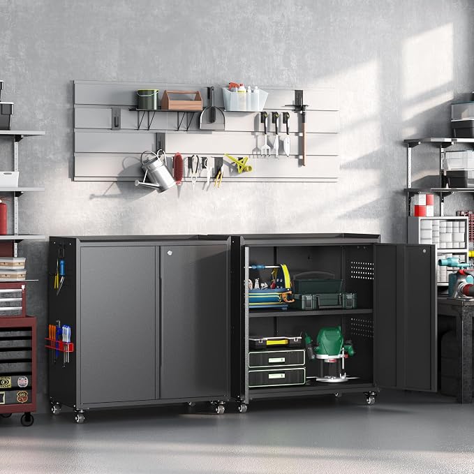 34" Metal Garage Storage Cabinet with Wheels, Adjustable Rolling Tool Storage Cabinet with Lock, Steel Locking Tool Cabinet with Doors and Shelves for Garage, Warehouse(Black)