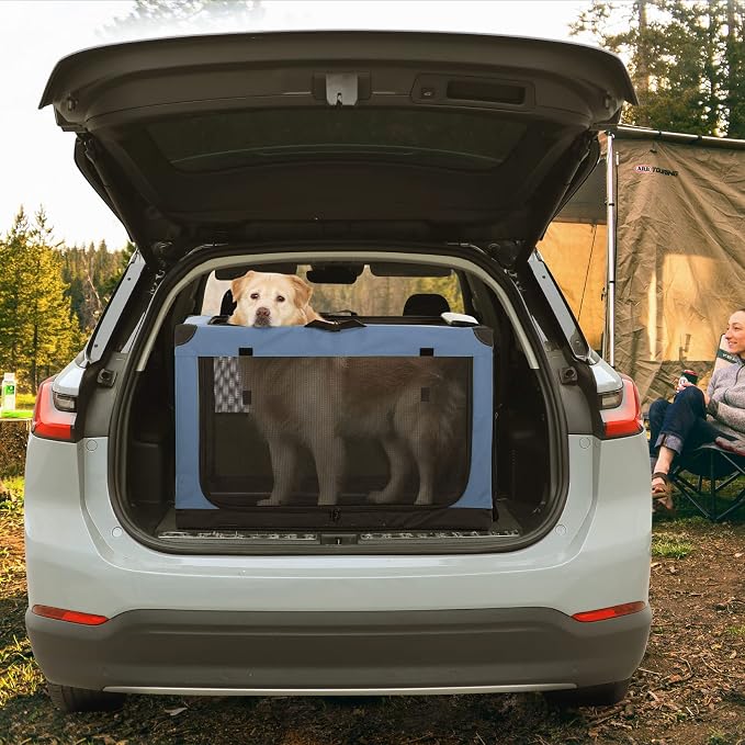 PETSFIT 36" Soft Portable Dog Crate – Patented Spiral Sturdy Frame, Collapsible Travel Kennel for Medium & Large Dogs, 3 Mesh Door, Lockable Zippers, Indoor & Car Use Blue