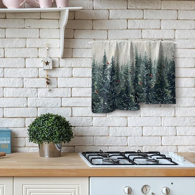 Giwawa Winter Trees Hand Towel Set of 2, Christmas Birch Pine Tree Red Birds Towel, Rustic Watercolor Misty Forest Face Towel Quick Dry Dish Wash Cloth for Hotel Bathroom Gym Home Spa Decor