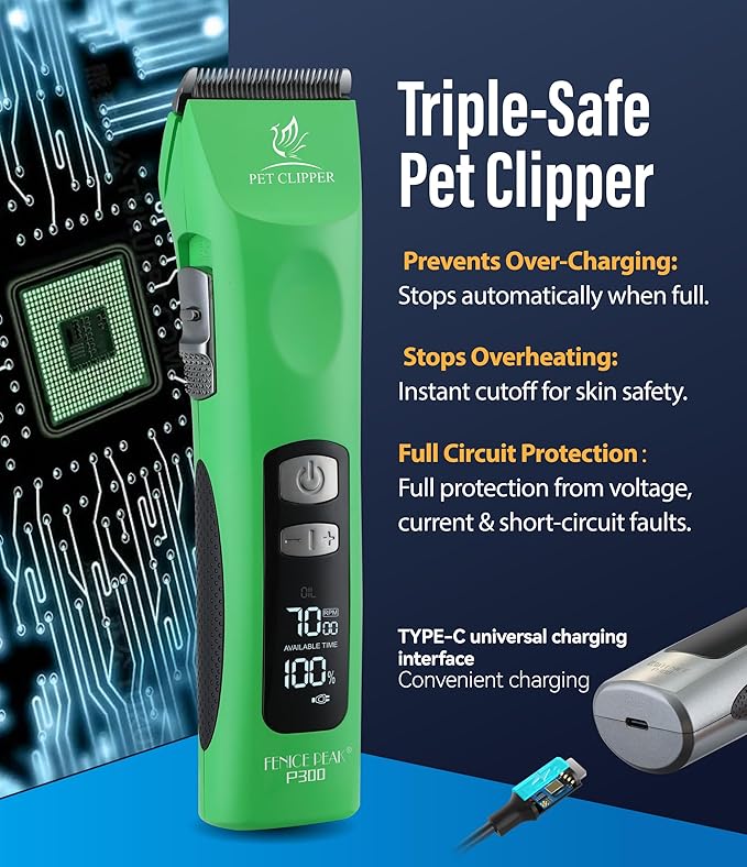 Professional Dog Grooming Clippers with 17H Runtime & Replaceable 440C Blade, 5-Speed Low Noise Electric Dog Shaver for Thick, Matted, Curly Hair, Cordless Clipper for Groomer & Home Use, Green
