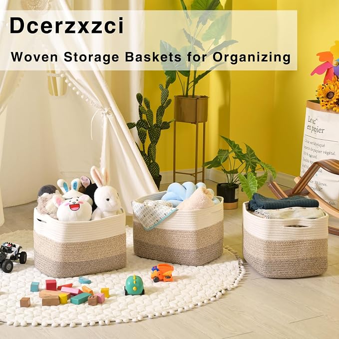 Storage Baskets for Organizing Shelves, Woven Cotton Rope Basket for Storage, Decorative Baskets for Shelves, Soft Basket for Living Room Bedroom, 14.8"×11"×9.5", Pack of 3, Gradient Brown