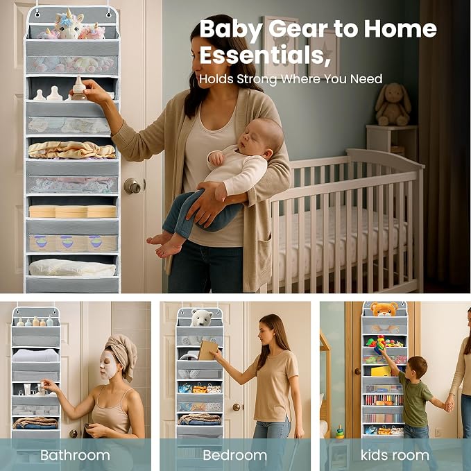 Ease of Assembly Over The Door Organizer,5 Shelves&8 Side Pockets | Anti-Tilt Hanging Door Storage for Closet Heavy-Duty Mesh Shelf for Bathroom, Closet, Toy Organization, Shoes, Towels, Grey
