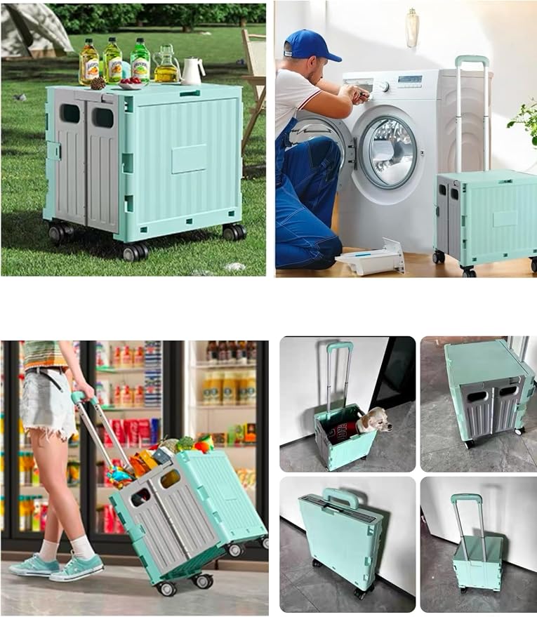 Foldable Utility Cart, Portable Rolling Crate with 360° Rotating Wheels, Detachable Lid,Telescoping Handle, Collapsible Trolley for Travel, Office, Grocery, and Storage (Purple)