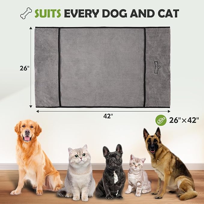 Microfiber Dog Grooming Bath Towel: Super Absorbent Soft Pet Grooming Towel Bath & Shower Supplies - Large Towels to Drying Dog Cat Pets Drying & Grommers (Gray, 2 Pcs)