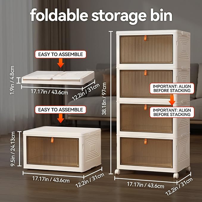 LDQ 136Qt Large Storage Bins with Lids, 4 Tier Stackable Storage Cabinet with Wheels & Clear Doors, Foldable Plastic Closet Organizer for Bedroom, Bathroom & Kitchen