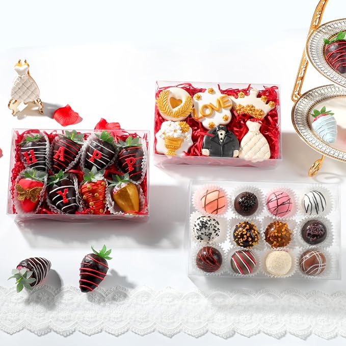 RomanticBaking 50PCS 8x5x2 Inch Full Clear Cookies Boxes Strawberry Boxes | Transparent Box Clear Plastic Boxes Bakery Boxes Cakesickle boxes Chocolate Truffle Boxes Treat boxes