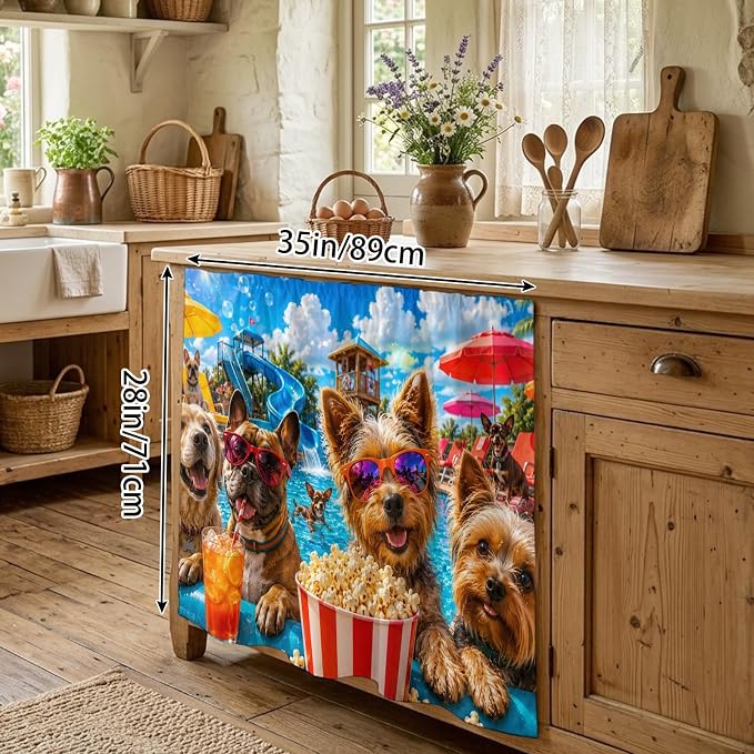 Summer Dog Oven Skirt Curtain for Kitchen Decor 28"x35", Summer Fantasy Pets Juice Popcorn Pool Country Self Adhesive Stove Curtains Skirt Cabinet Curtains for Bathroom Laundry Room