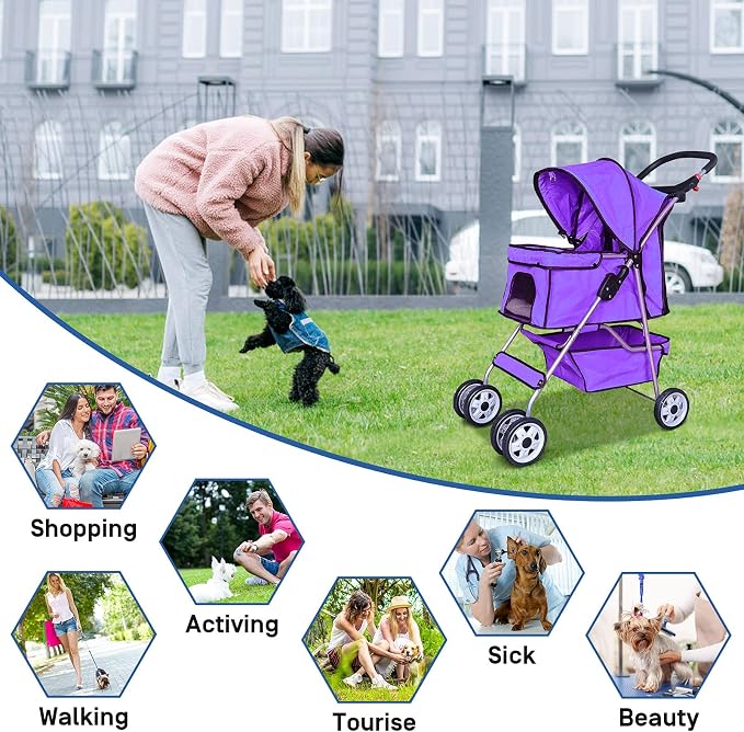 Best 4 Wheels Dog Cat Stroller, Lightweight & Foldable Pet Jogger, Carrier Strolling Cart W/Cup Holders Removable Liner - Purple