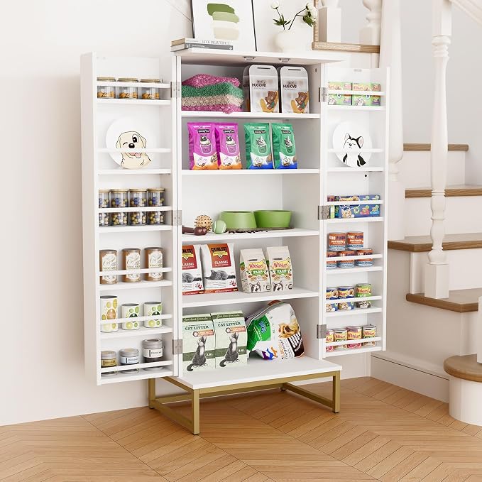 Saudism 51" Dog Food Storage Cabinet with Adjustable Shelves, White | Freestanding Pet Storage Container Organizer for Living Room and Dinning Room