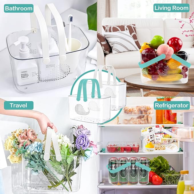 2 Pack Plastic Shower Caddy Basket for Bathroom (White+Cyan) | Portable Shower Caddy Tote Storage Basket with Colorful Handles, Clear Toiletry Organizer Bin for Kitchen College Dorm