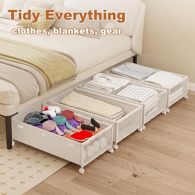 Fokyfok 2Pack Under Bed Storage Containers,10 inch Height,31 inch Long | Under Bed Shoe Storage,Underbed Storage with Wheels,Large Rolling under bed Clothes Storage Drawers,Lid,Dorm Tall,Ivory