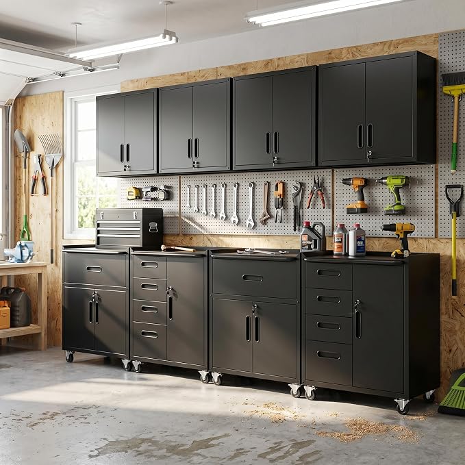 Garage Cabinet System | Heavy Duty Steel All-in-One Modular Garage Cabinet Set for Ultimate Workshop Organization | Easy Assembly Garage Storage Cabinets & Tool Bench