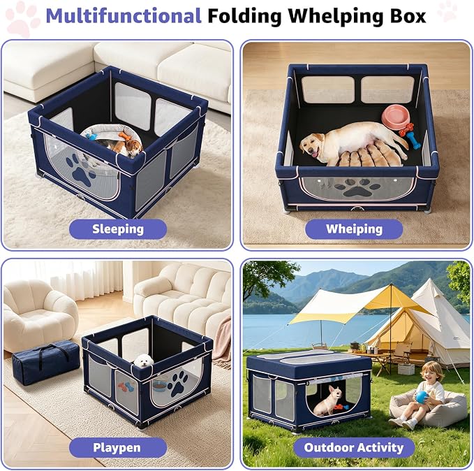 LOOBANI Foldable Whelping Box for Dogs, 1 Min Setup, 43.3"x43.3"x27.1" | Pet Puppy Playpen Indoor With Cover & Waterproof Bottom, Portable Birthing Box For Dog Cat Duck,Sturdy,Patented,Blue+Pink