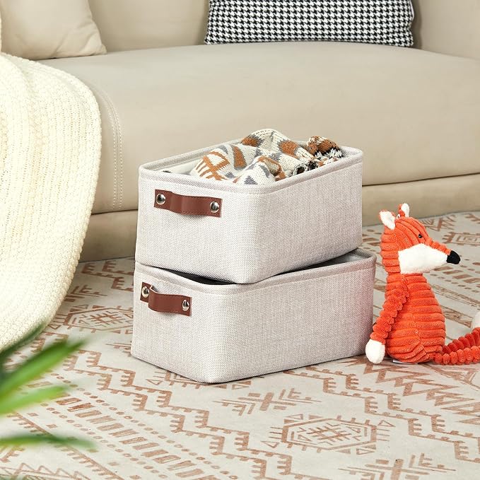 DULLEMELO fabric storage baskets | 11.8x7.9x5.1 inch small baskets for organizing Closet Set of 2 cloth storage baskets | rectangle storage basket with PU Handles (Beige)