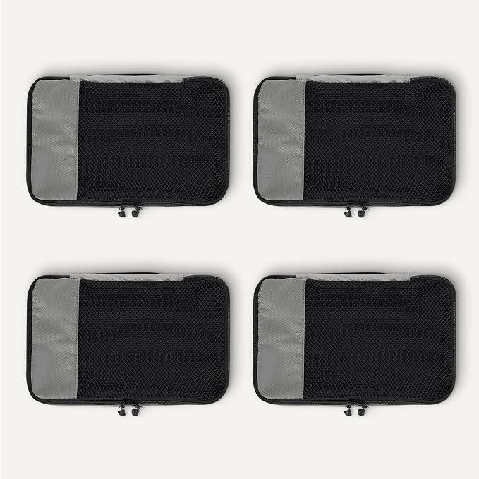 Amazon Essentials 4-Piece Packing Cubes Travel Accessories Set, Space-Saving Luggage Organizer with Double Zipper, Mesh Top, Small, Gray (Previously Amazon Basics)