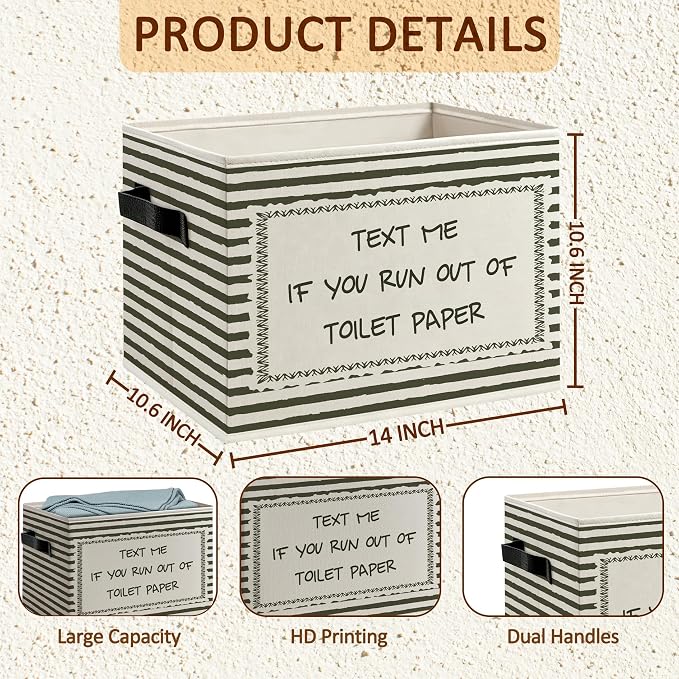 Text Me If You Run Out of Toilet Paper Bathroom Foldable Storage Bins Box with Handles, Funny Neutral Striped Decorative Storage Boxes Baskets Organizer for Washroom Guest Bathroom