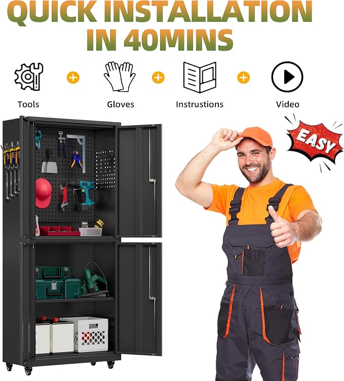 71''H Garage Storage Cabinet, Meatl Storage Cabinet with Lock | Tool Storage Cabinet, Steel Tool Cabinet with 4 Doors and Shelves for Garage, Warehouse, Assembly Required, Black