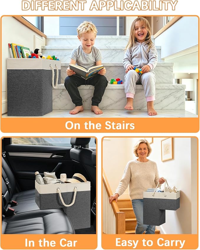 LHZ.K Stair Basket with Removable Divider & Sturdy Handles,1pcs Grey | 16" Rigid Foldable Stair Storage Basket for Carpeted & Wooden Stairs, Large Capacity for Laundry, Toy, Pet Supplies & Clutter