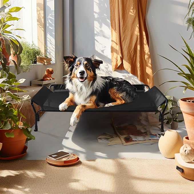 Veehoo Cooling Elevated Dog Bed, Raised Dog Cot with Guardrail & Headrest | Washable Dog Couch Bed for Indoor & Outdoor, Durable Breathable Teslin Mesh, Non-Slip Feet, Large 47" x 32", Black