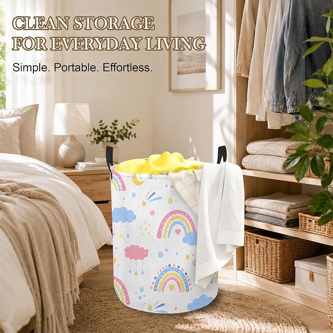 Rainbow Clouds Laundry Basket, Foldable Oxford Cloth Moon Stars Laundry Hamper with Handles, Tote Bag Clothes Storage Bucket for Laundry Room/Bathroom/Bedroom/Dormitories 20.8"x16"