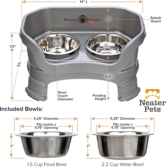Neater Feeder Deluxe Mess-Proof Elevated Dog Bowls for Small Dogs (Up to 19 lbs), 2 Height Adjustable (6” & 7.5”) No-Spill Raised Dog Bowl Stand, Stainless Steel Food Bowl Set, Made in USA, Gunmetal