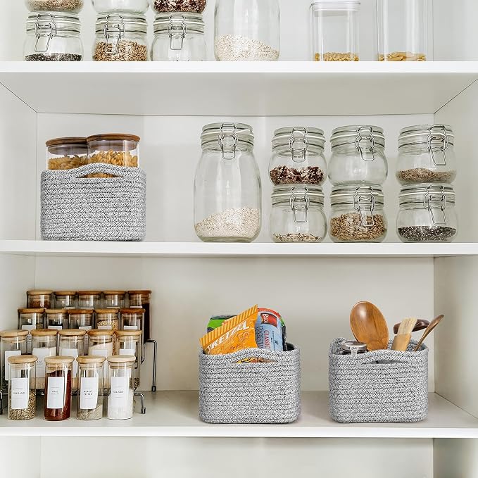 Goodpick 3-Pack Woven Baskets for Closet & Shelves, 11 x 7 x 4.5 in | Woven Baskets for Towels Fit Bedroom Lving Room, Small Baskets for Gift Empty, Dog Toy Basket for Pet, White & Gray