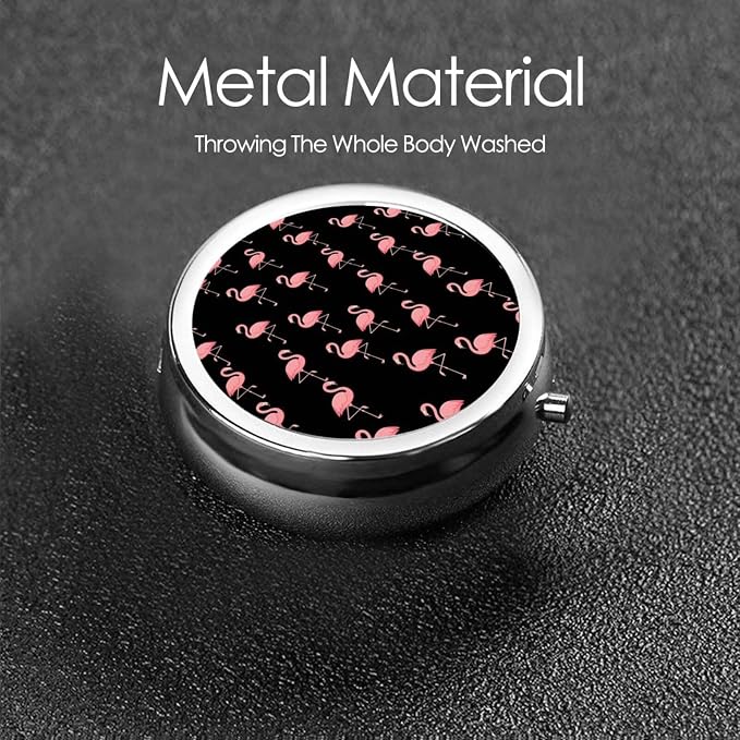 Purse Pill Organizer, Round Portable Case, Waterproof Holder for Vitamins, Mini Travel Box for Urban Commuters, Flamingo Black