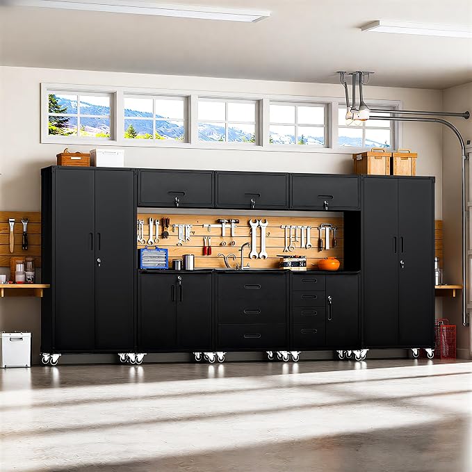 Garage Cabinet System | Heavy Duty Steel All-in-One Modular Garage Cabinet Set for Ultimate Workshop Organization | Easy Assembly Garage Storage Cabinets & Tool Bench