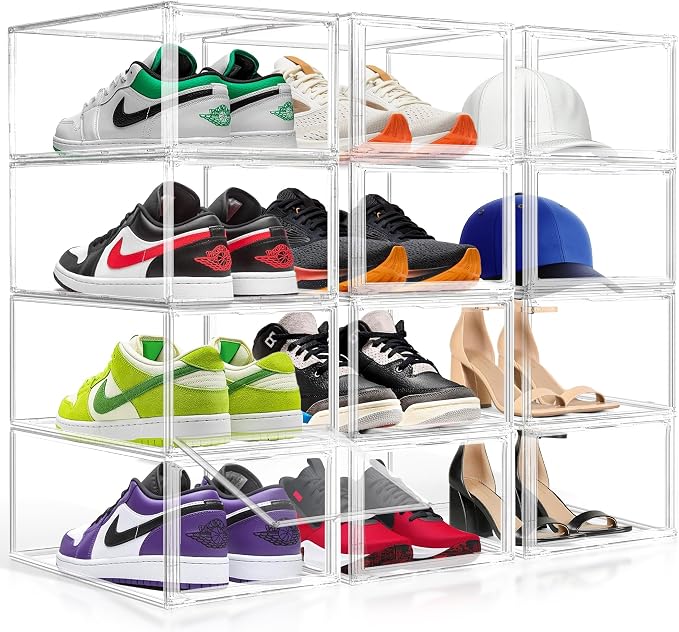 2 Pack Drop-Front Clear Shoe Boxes for Flats,Loafers&Small Spaces,Size 12 | Stackable Shoe Display Cases with Magnetic Door, Clear Storage Bins for Sneaker Containers Figure Display