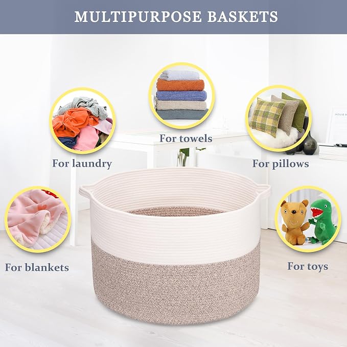 Large Cotton Rope Blanket Basket, 87L Laundry Hamper, White & Brown