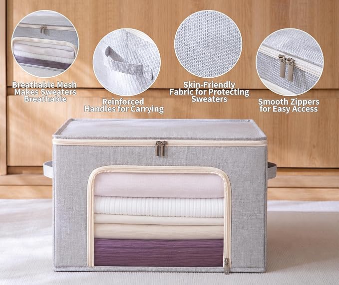 2-Pack Large Cashmere Sweater Storage Bags for Wool with Cedar Blocks, Grey | Breathable Cashmere/Wool Garment Storage, Mesh Window, Rigid PP Support, Cedar Protection, Foldable Closet Clothes Storage
