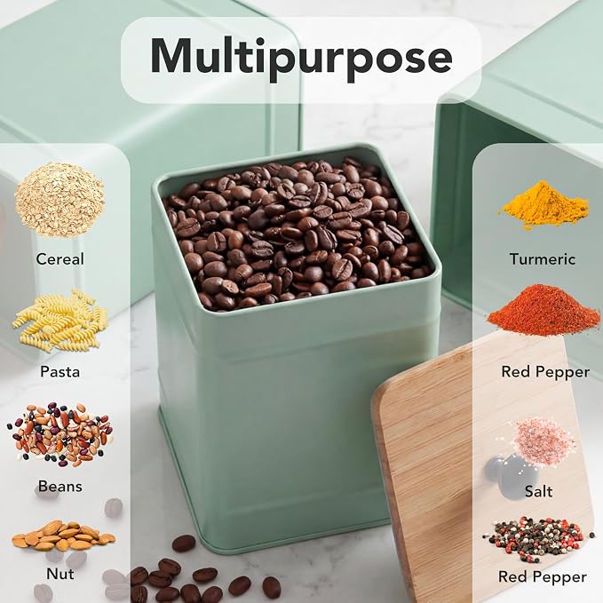 PERFNIQUE Kitchen Canisters for Countertop Set of 3, Airtight Canisters Sets for Kitchen Counter with Lid, Metal Farmhouse Food Storage Containers Jars for Flour Sugar Coffee Tea Spice (Sage Green)