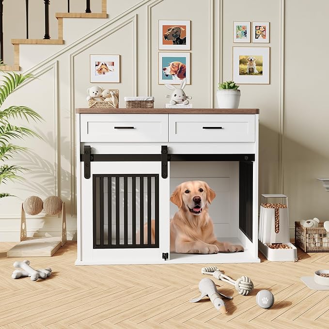 44.5'' Dog Crate Furniture with Hook and Storage Drawer, Wooden Dog Kennel with Sliding Barn Door Indoor Furniture Style Dog Crates End Table for Medium/Small Dogs (White)