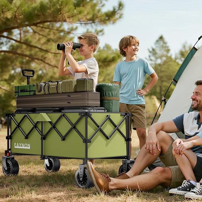 46" L Collapsible Foldable Extended Wagon, 500LB Weight Capacity with 280L Heavy Duty Folding Cart,Utility Wagon with All-Terrain Beach Wheel & Drink Holders,Green