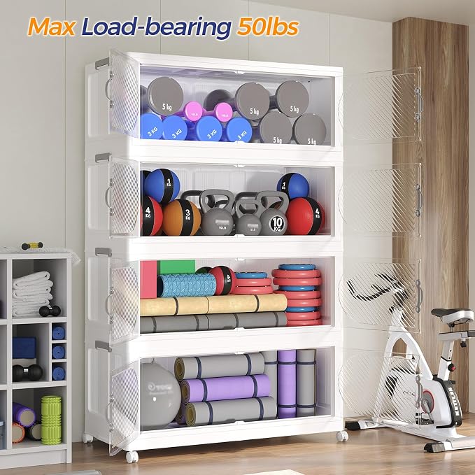 240GAL Plastic Storage Bins with Lid, 960QT Extra Large Stackable Closet Organizers and Storage, Collapsible Storage Boxes with Wheels, Folding Cabinet for Home Kitchen Office, 6Pack White