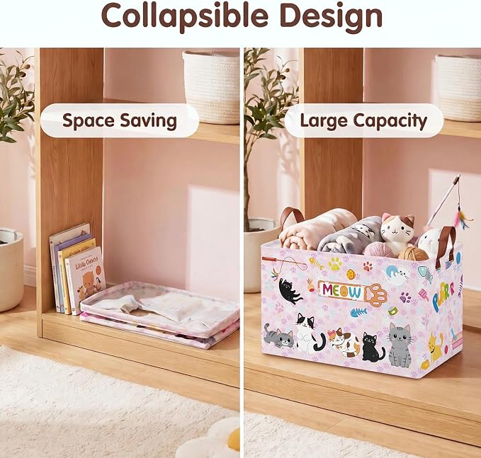 Cat Paw Toy Storage Basket,Square Toy Bin,Storage Bin for Pet Room Decor | Collapsible Nursery Storage Bin with Sturdy Handles for Clothes, Toys, Pillows, Living Room Bedroom Bathroom