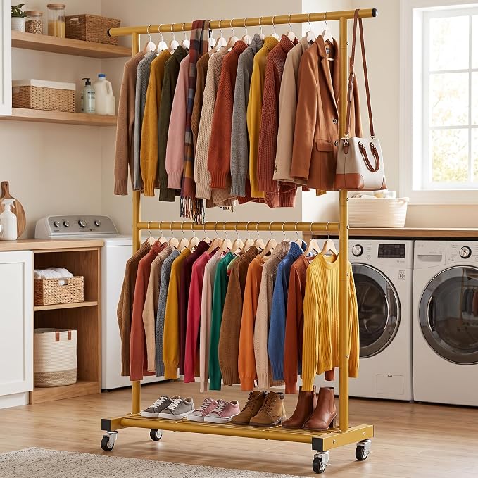 Sywhitta Double Rod Metal Clothing Rack on Wheels with Bottom Mesh,Gold | Rolling Garment Organizer, for Hanging Clothes,Coats,Easy to Assemble,Space-Saving,Mobile Organizer for Closet