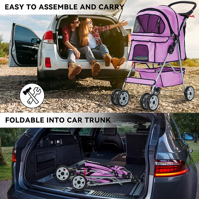 Dog Cat Stroller 4-Wheel pet Running cart, Foldable Waterproof pet Stroller with Cup Holder and Removable Lining, Suitable for Small Pets Suitable for Small and Medium-Sized pet Accessories (Pink)